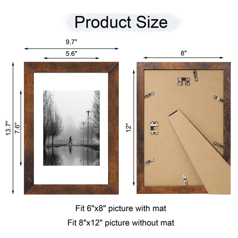 iRahmen 8x12 Picture Frame Set of 4 with High Definition Real Glass  Display 6x8 Pictures with Mat or 8 x 12 Without Mat  Wood Rustic Photo Frames for Tabletop and Wall Mounting - Image 4